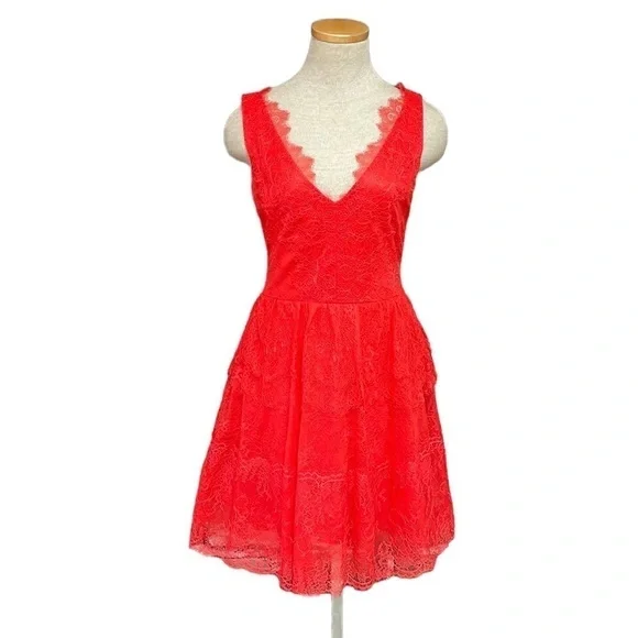 BCBGMaxAzria | Dresses | Bcbgmaxazria Dress Red Lace Tiered Sleeveless Size  Large Petite | Poshmark